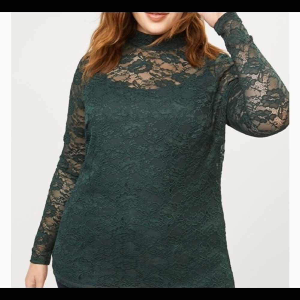NWT Lane Bryant green lace mock neck long sleeve blouse 18/20 2X
